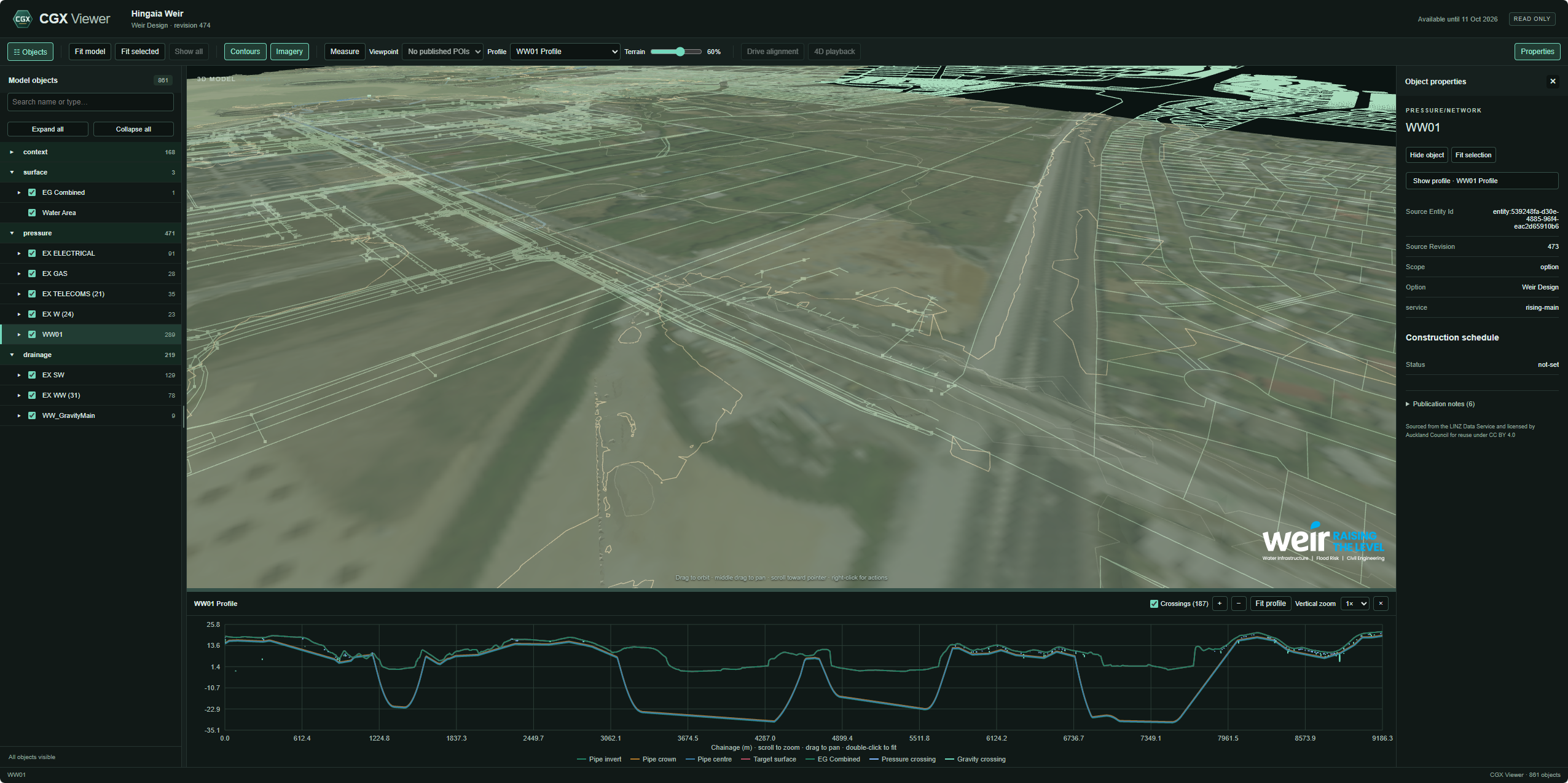 CGX Shared Viewer showing a terrain and pipe-network model, searchable objects, engineering properties and a linked vertical profile in the browser.
